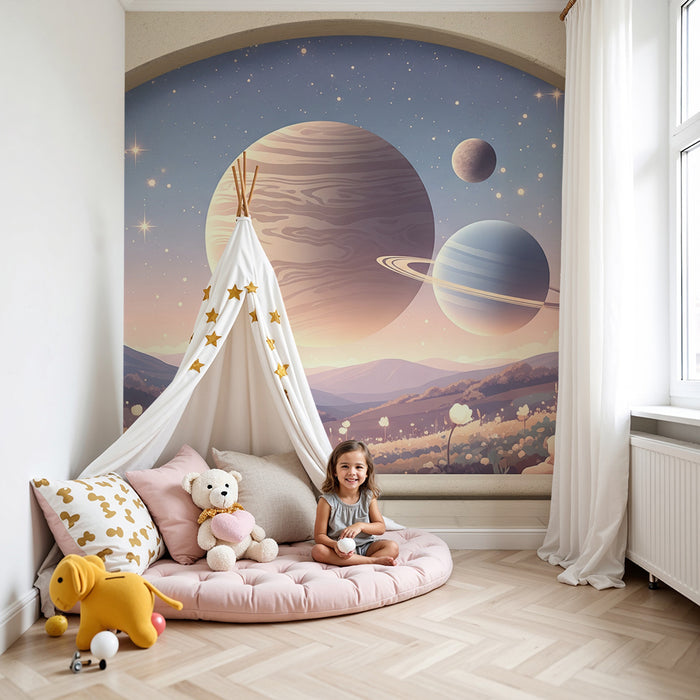 Papier peint chambre enfant | Univers féérique avec planètes et fleurs