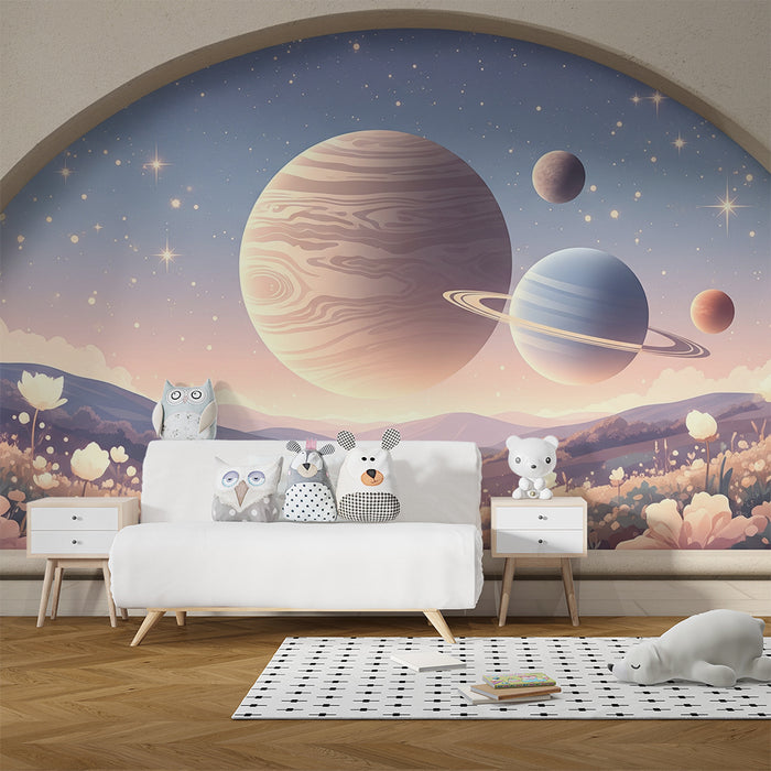 Papier peint chambre enfant | Univers féérique avec planètes et fleurs
