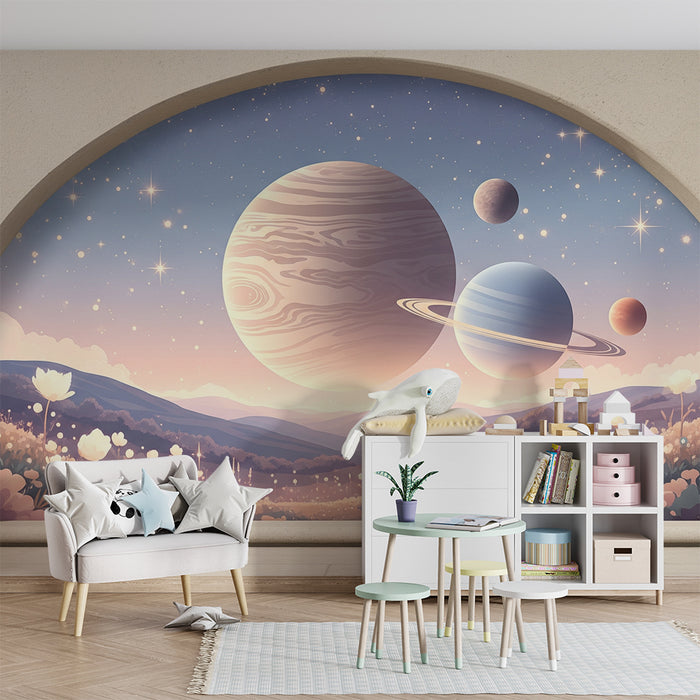 Papier peint chambre enfant | Univers féérique avec planètes et fleurs