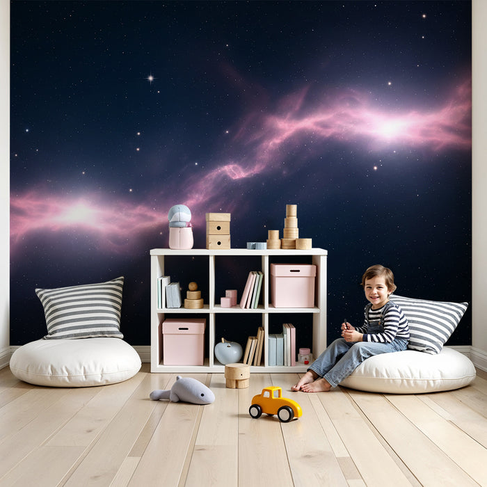 Lastenhuoneen tapetti | Galaktinen universumi vaaleanpunaisilla sumuilla ja kimaltelevilla tähdillä