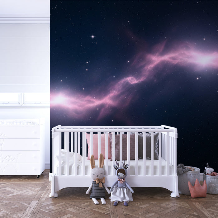 Lastenhuoneen tapetti | Galaktinen universumi vaaleanpunaisilla sumuilla ja kimaltelevilla tähdillä
