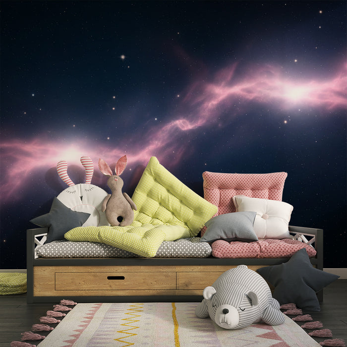 Lastenhuoneen tapetti | Galaktinen universumi vaaleanpunaisilla sumuilla ja kimaltelevilla tähdillä