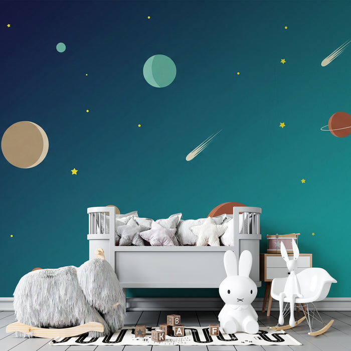 Kinderzimmer Tapete | Galaktisches Universum mit Planeten und Sternen