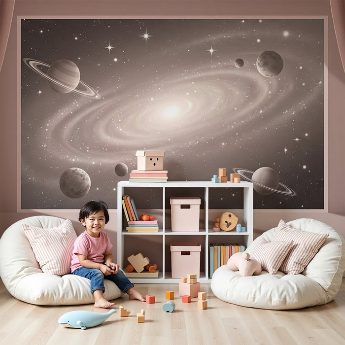 Papel de parede para quarto infantil | Universo galáctico com planetas e estrelas cintilantes