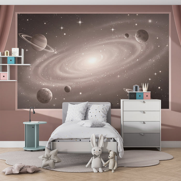 Papel de parede para quarto infantil | Universo galáctico com planetas e estrelas cintilantes