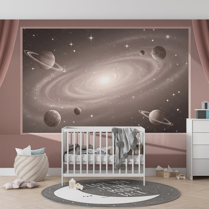 Papel de parede para quarto infantil | Universo galáctico com planetas e estrelas cintilantes