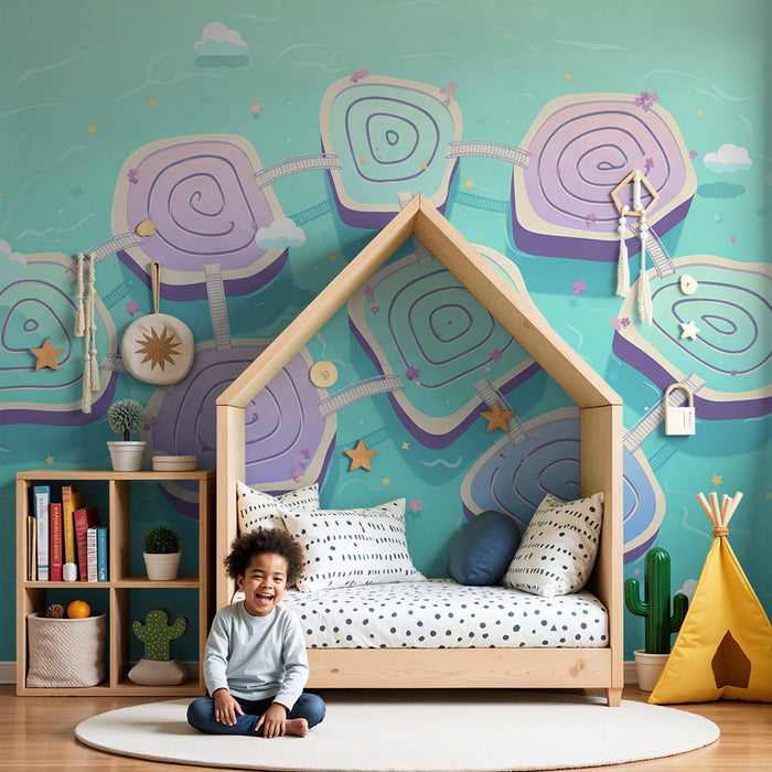 Kinderzimmer Tapete | Spielerische Welt mit bunten Inseln und kurvenreichen Wegen