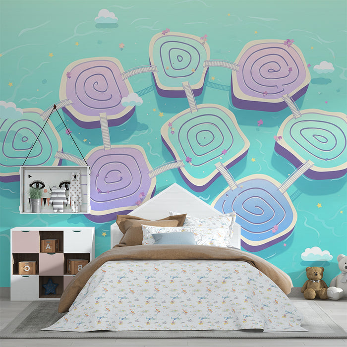 Kinderzimmer Tapete | Spielerische Welt mit bunten Inseln und kurvenreichen Wegen