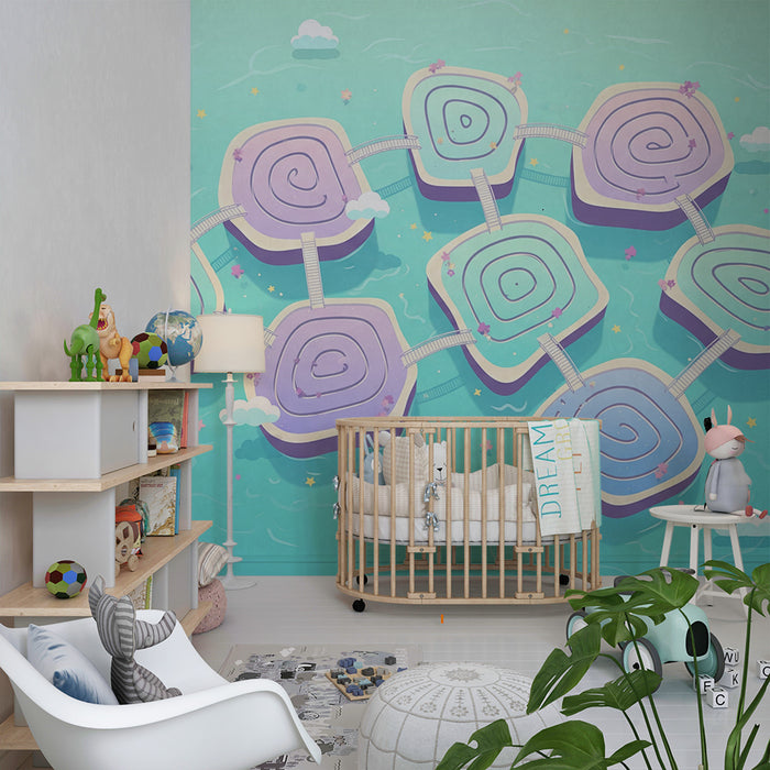 Kinderzimmer Tapete | Spielerische Welt mit bunten Inseln und kurvenreichen Wegen