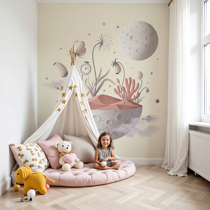 Children's bedroom wallpaper | Lunar universe with imaginary plants and cosmic elements