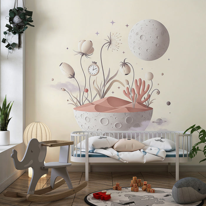 Children's bedroom wallpaper | Lunar universe with imaginary plants and cosmic elements