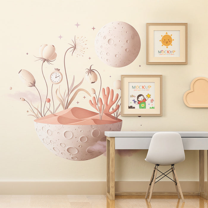 Children's bedroom wallpaper | Lunar universe with imaginary plants and cosmic elements