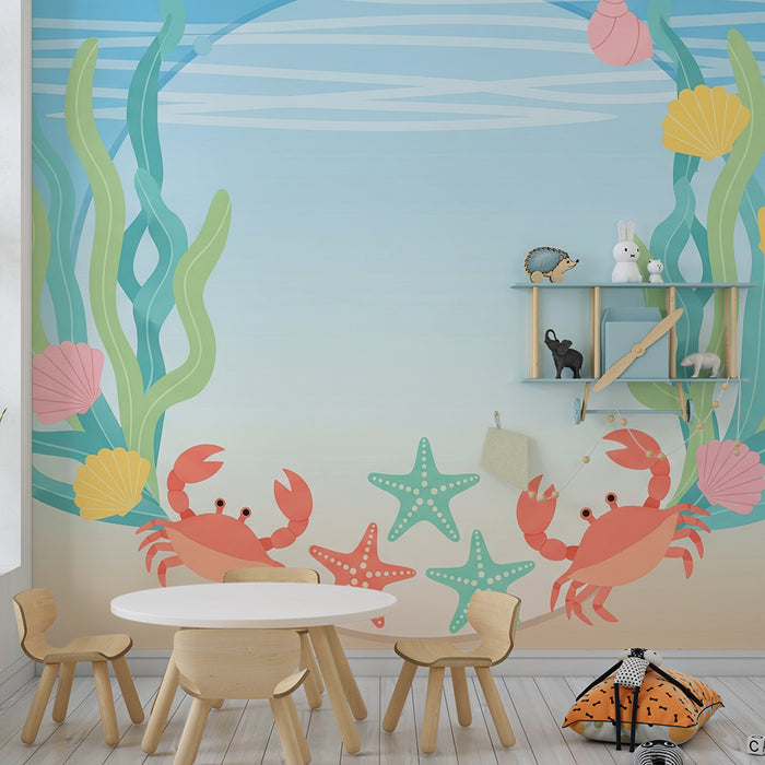 Papel de parede criança | Marítimo com caranguejos e estrelas do mar