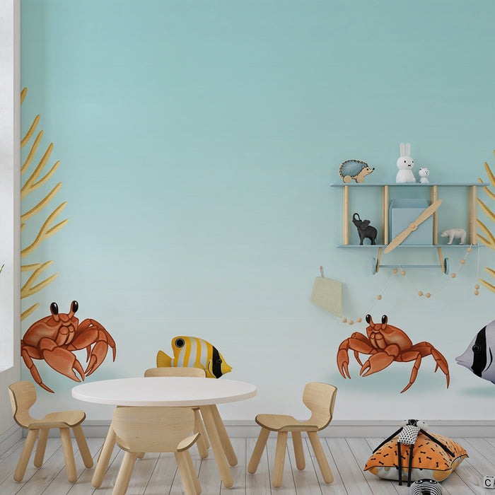 Papel de parede criança | Marítimo com caranguejos e peixes coloridos