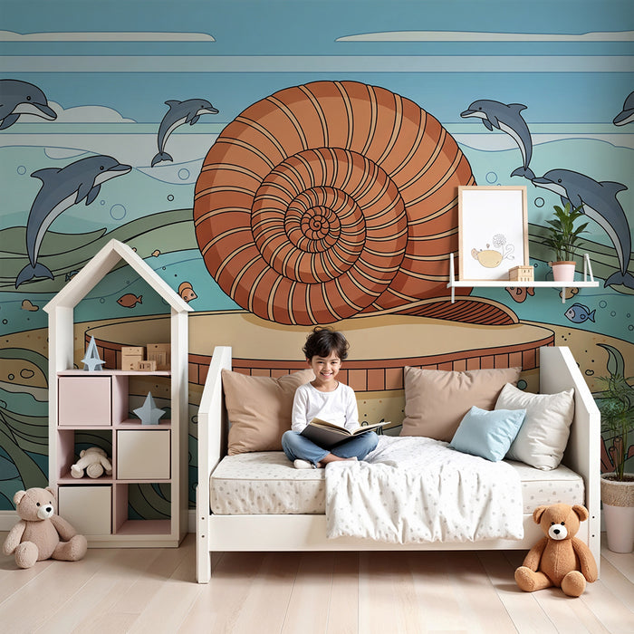 Papier peint chambre enfant | Univers marin avec dauphins et coquillage géant