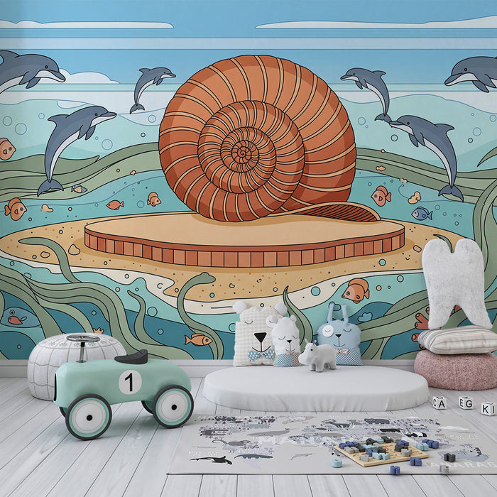 Papier peint chambre enfant | Univers marin avec dauphins et coquillage géant