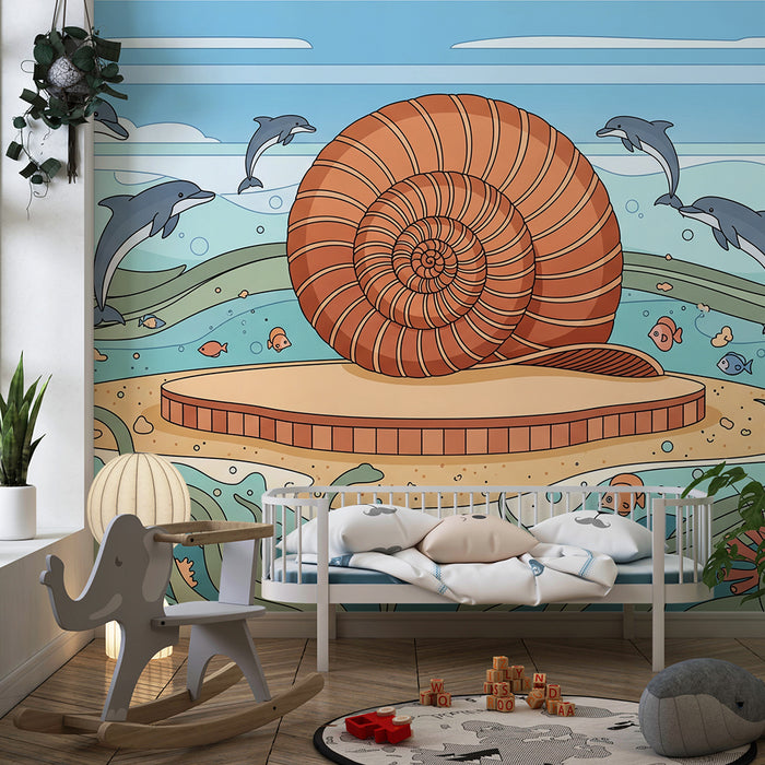 Papier peint chambre enfant | Univers marin avec dauphins et coquillage géant
