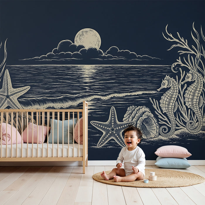 Papier peint chambre enfant | Univers marin avec étoiles de mer et hippocampes