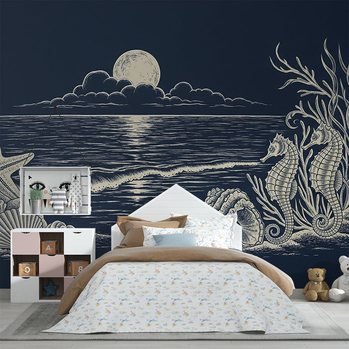 Papier peint chambre enfant | Univers marin avec étoiles de mer et hippocampes