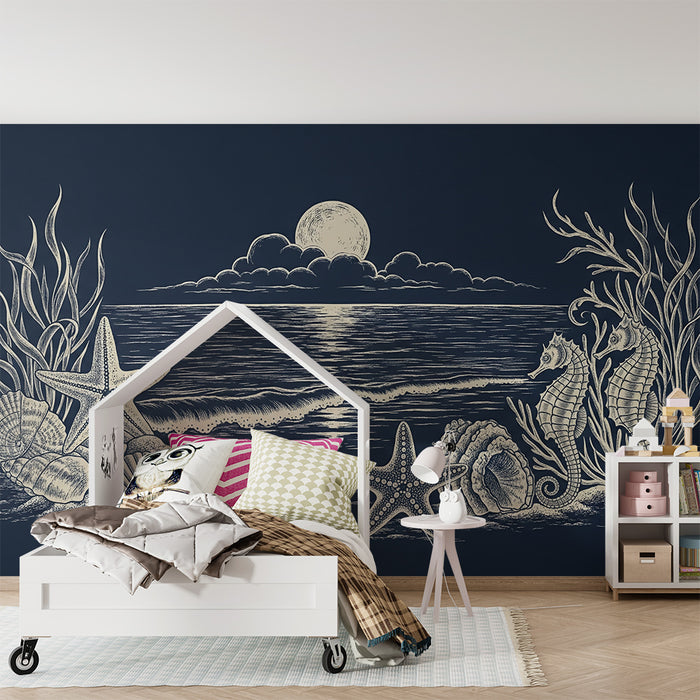 Papier peint chambre enfant | Univers marin avec étoiles de mer et hippocampes