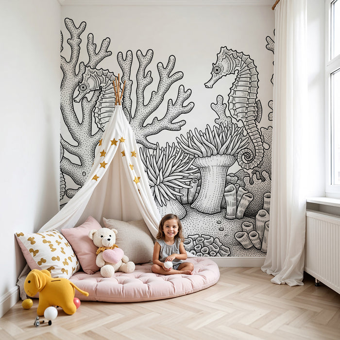 Kinderzimmer Tapete | Unterwasserwelt mit Seepferdchen und Korallen