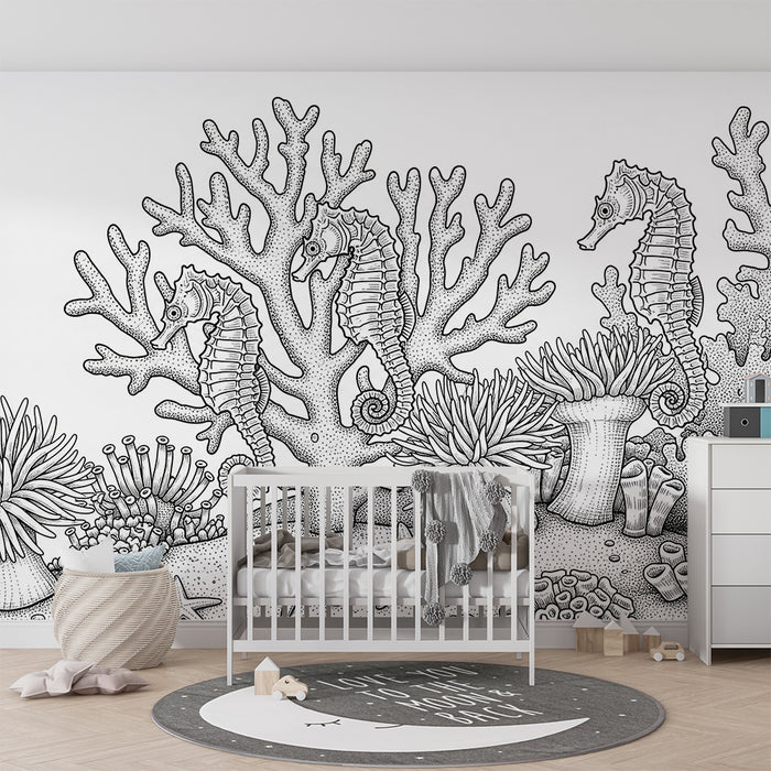 Kinderzimmer Tapete | Unterwasserwelt mit Seepferdchen und Korallen