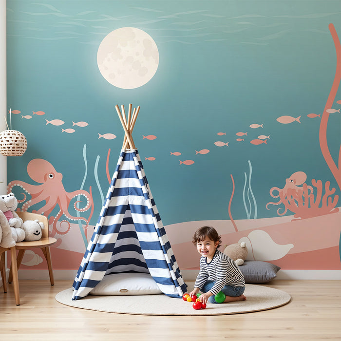 Papel de parede para quarto infantil | Temática marinha com polvos e peixes coloridos
