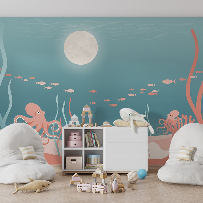 Papel de parede para quarto infantil | Temática marinha com polvos e peixes coloridos