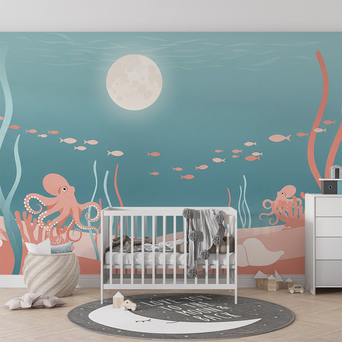 Papel de parede para quarto infantil | Temática marinha com polvos e peixes coloridos