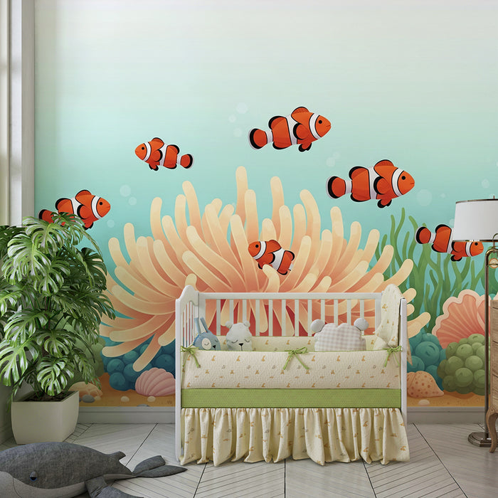 Behang kinderkamer | Onderwaterwereld met clownvissen en kleurrijke koralen
