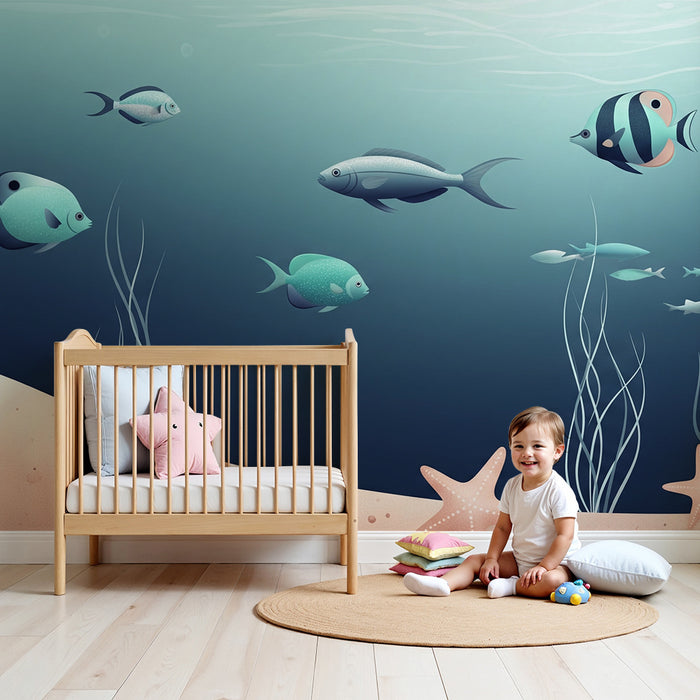 Papel de parede para quarto infantil | Mundo marinho com peixes coloridos e estrelas-do-mar