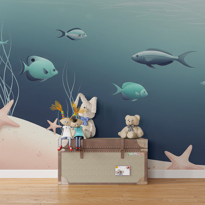 Papel de parede para quarto infantil | Mundo marinho com peixes coloridos e estrelas-do-mar