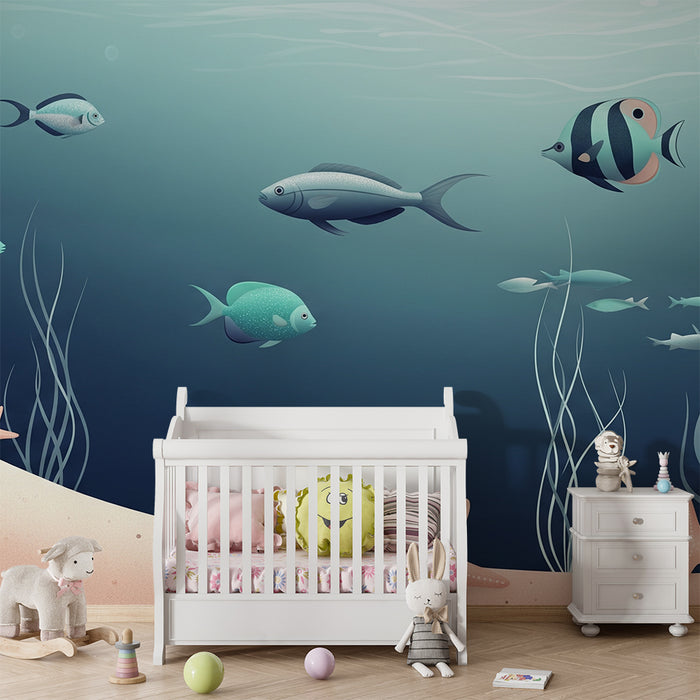 Papel de parede para quarto infantil | Mundo marinho com peixes coloridos e estrelas-do-mar