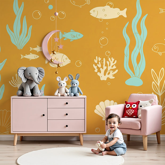 Papel pintado infantil | Mundo marino con peces y corales sobre fondo dorado