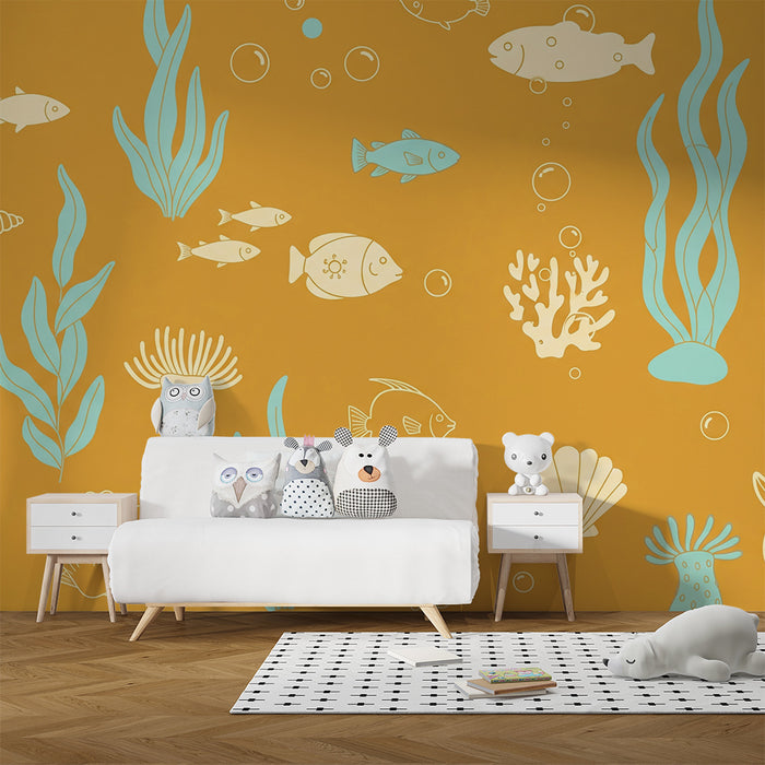 Papel pintado infantil | Mundo marino con peces y corales sobre fondo dorado