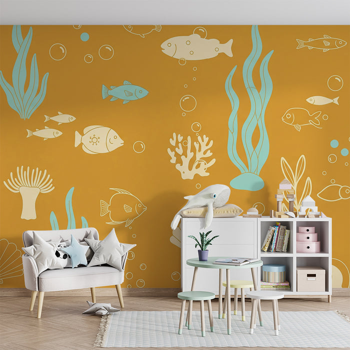 Papel pintado infantil | Mundo marino con peces y corales sobre fondo dorado