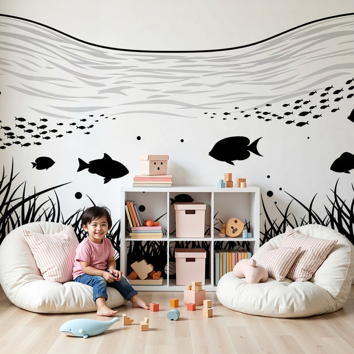 Carta da parati bambini | Universo marino in bianco e nero con pesci e conchiglie