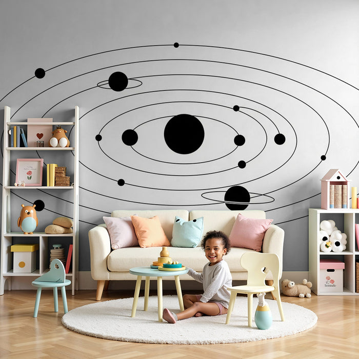 Tapety dla dzieci | Minimalistyczny motyw z planetami i orbitami