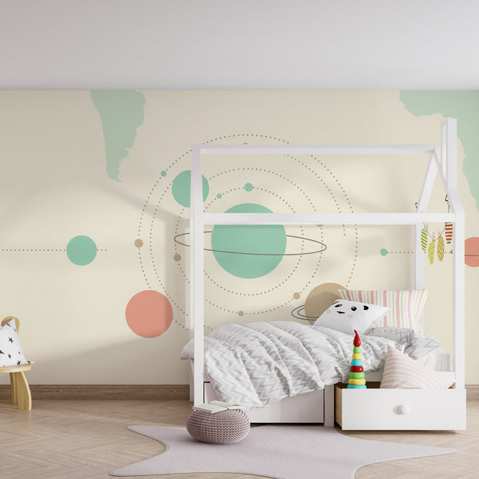 Kinderzimmer Tapete | Minimalistisches Universum und bunte Planeten