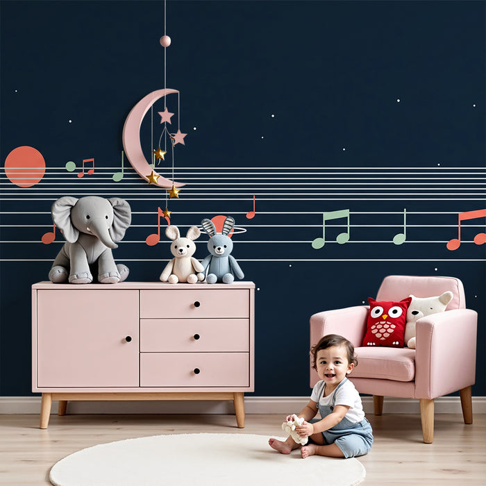 Tapet camera copil | Univers muzical cu note și planete colorate