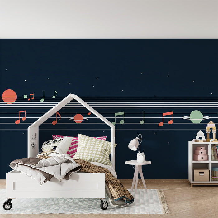 Tapet camera copil | Univers muzical cu note și planete colorate