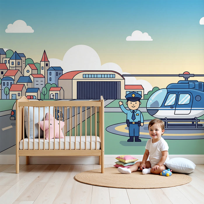 Kids' Room Wallpaper | Police World with Helicopter and Police Car