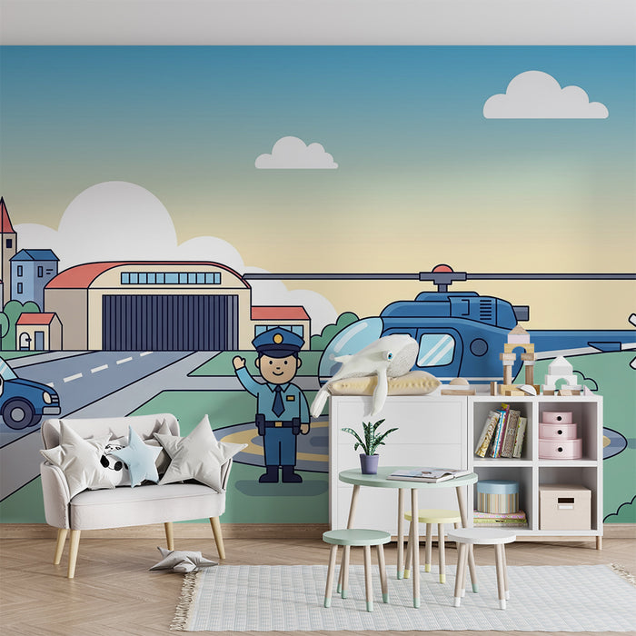 Kids' Room Wallpaper | Police World with Helicopter and Police Car
