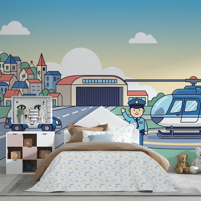 Kids' Room Wallpaper | Police World with Helicopter and Police Car