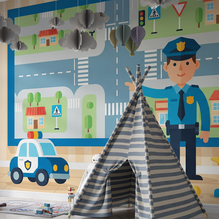 Barnrumspapper | Vägvärld med polis och vägmärken