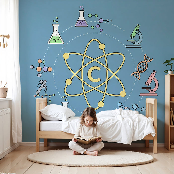 Papel pintado infantil | Universo científico con átomos e instrumentos de laboratorio
