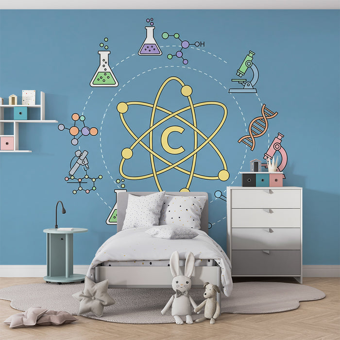 Papel pintado infantil | Universo científico con átomos e instrumentos de laboratorio