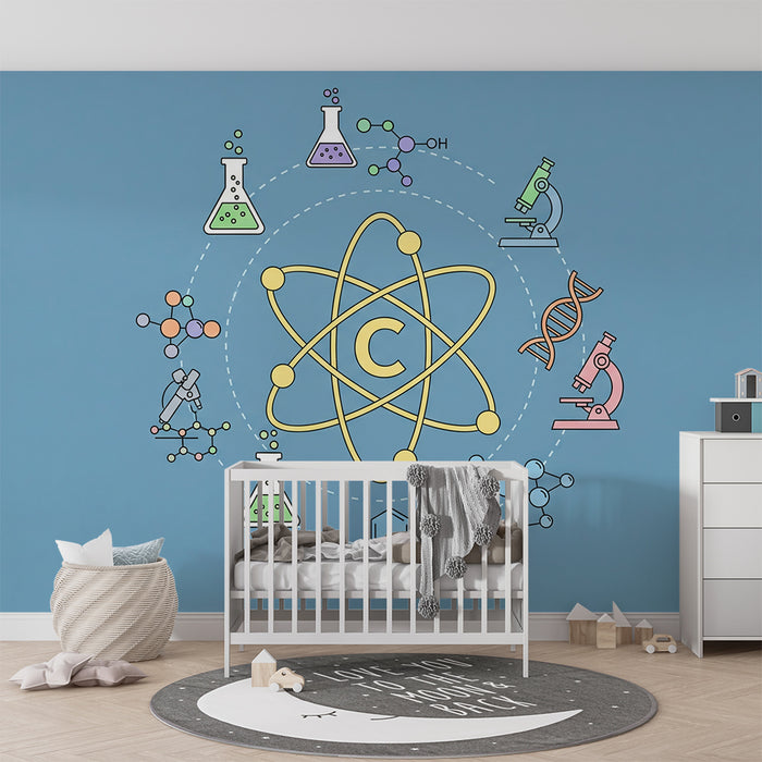 Papel pintado infantil | Universo científico con átomos e instrumentos de laboratorio