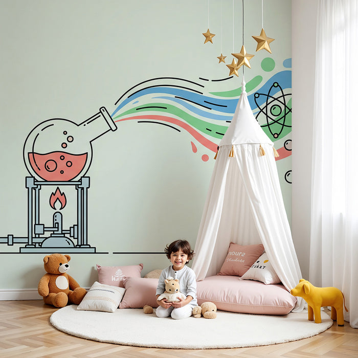 Papel pintado infantil | Universo científico con probeta y elementos químicos de colores