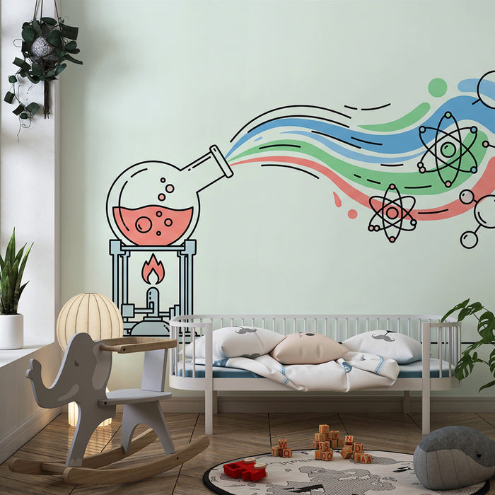 Papel pintado infantil | Universo científico con probeta y elementos químicos de colores